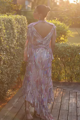 Multi color georgette chevron foil printed power shoulder gown