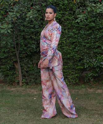 Multi color printed & embroidered wrap top co-rd set in chanderi silk 5