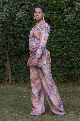 Multi color printed & embroidered wrap top co-rd set in chanderi silk