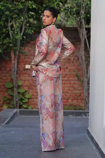 Multi color printed & embroidered co-ord set in chanderi silk