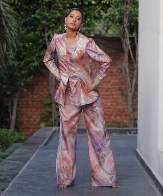 Multi color printed & embroidered co-ord set in chanderi silk 4