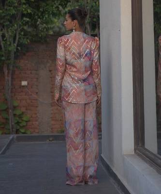 Multi color printed & embroidered co-ord set in chanderi silk 5