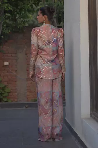 Multi color printed & embroidered co-ord set in chanderi silk