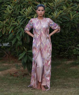 Multi color printed long shirt dress with pants 1