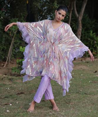 Multi color digital print short flared kaftan with pants 1