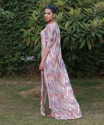 Multi color printed long shirt dress with pants 3