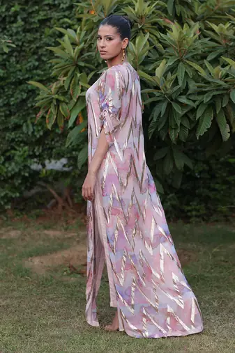 Multi color printed long shirt dress with pants