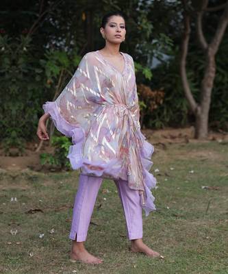 Multi color digital print short flared kaftan with pants 2