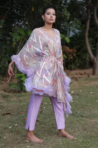 Multi color digital print short flared kaftan with pants