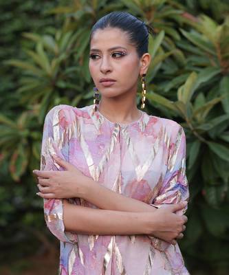 Multi color printed long shirt dress with pants 4