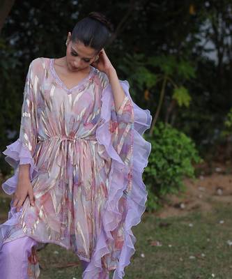 Multi color digital print short flared kaftan with pants 3
