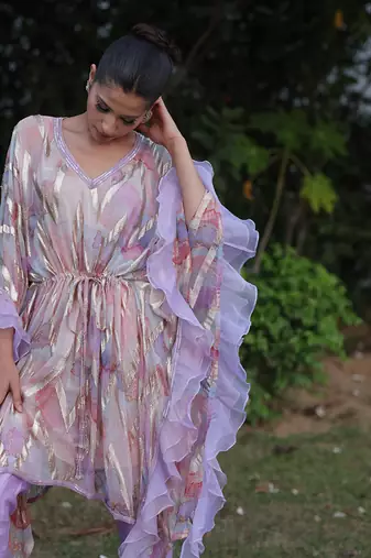 Multi color digital print short flared kaftan with pants