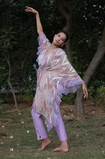 Multi color digital print short flared kaftan with pants