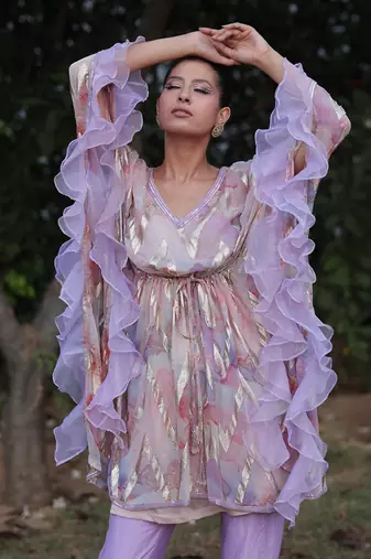Multi color digital print short flared kaftan with pants