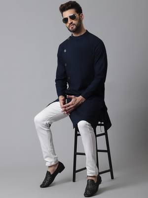 mens navy blue cotton kurta with asymetrical cut and pyjama 1