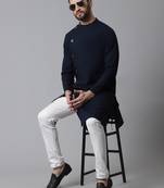mens navy blue cotton kurta with asymetrical cut and pyjama