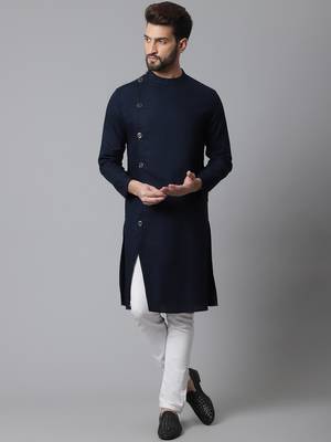 mens navy blue cotton kurta with asymetrical cut and pyjama 2
