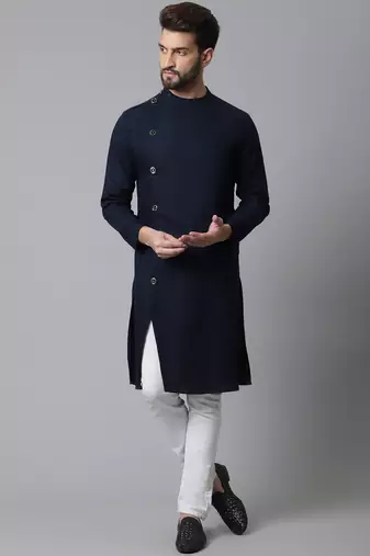 mens navy blue cotton kurta with asymetrical cut and pyjama
