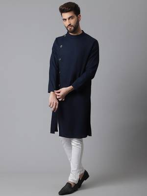 mens navy blue cotton kurta with asymetrical cut and pyjama 3