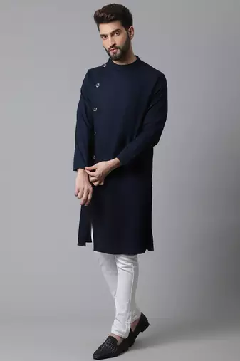 mens navy blue cotton kurta with asymetrical cut and pyjama