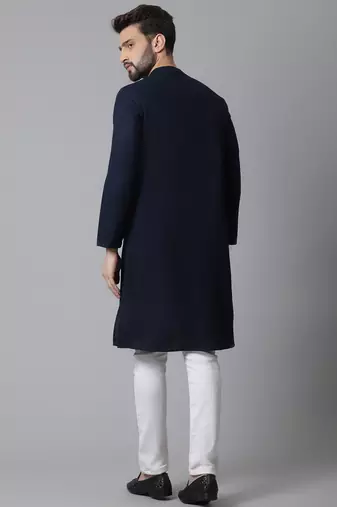 mens navy blue cotton kurta with asymetrical cut and pyjama