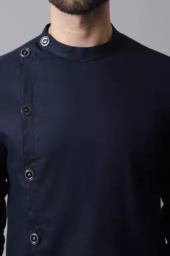 mens navy blue cotton kurta with asymetrical cut and pyjama