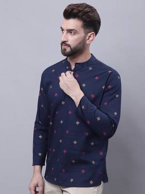 blue pure cotton short kurta with band collar 1