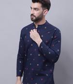 blue pure cotton short kurta with band collar