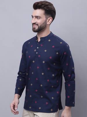 blue pure cotton short kurta with band collar 2