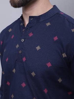 blue pure cotton short kurta with band collar 3