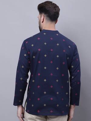 blue pure cotton short kurta with band collar 4