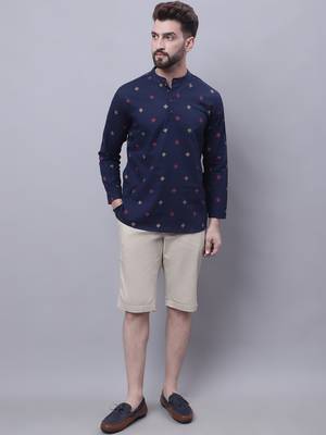 blue pure cotton short kurta with band collar 5