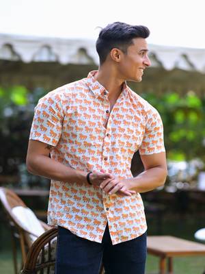 Hatheli men white comfort opaque printed casual shirt 1