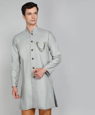 Solid Grey Cotton Blend Nawabi With Paijama 1