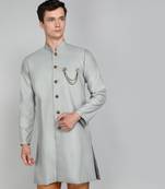 Solid Grey Cotton Blend Nawabi With Paijama