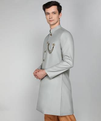 Solid Grey Cotton Blend Nawabi With Paijama 2