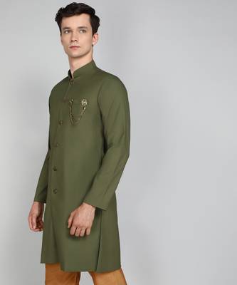 Solid Mehandi Green Cotton Blend Nawabi With Paijama 3