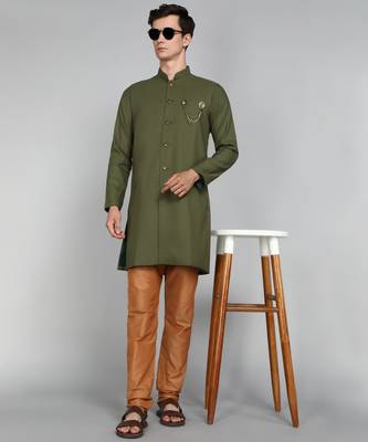 Solid Mehandi Green Cotton Blend Nawabi With Paijama 1
