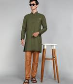Solid Mehandi Green Cotton Blend Nawabi With Paijama