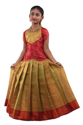 Green Baby Honey Comb Pattu pavadai For Girls 1