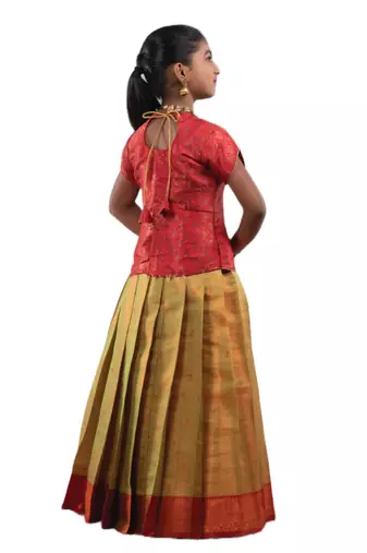 Green Baby Honey Comb Pattu pavadai For Girls