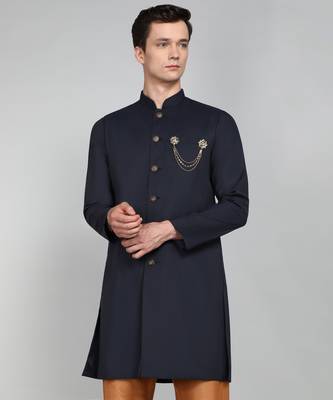 Solid Navy Blue Cotton Blend Nawabi With Paijama 2