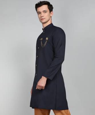 Solid Navy Blue Cotton Blend Nawabi With Paijama 3