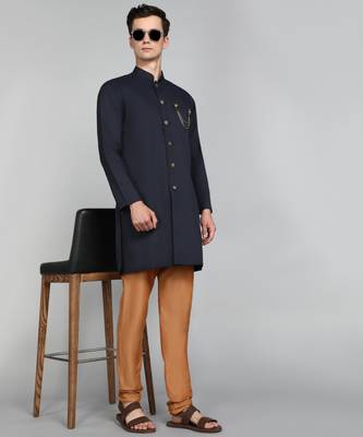 Solid Navy Blue Cotton Blend Nawabi With Paijama 1