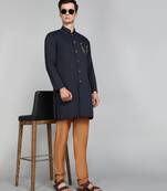 Solid Navy Blue Cotton Blend Nawabi With Paijama