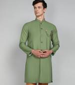 Solid Ocean Green Cotton Blend Nawabi With Paijama