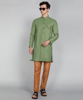 Solid Ocean Green Cotton Blend Nawabi With Paijama 3