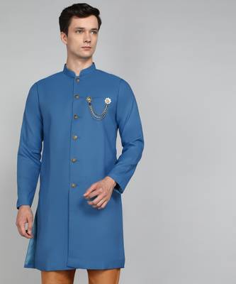 Solid Peacock Blue Cotton Blend Nawabi With Paijama 2