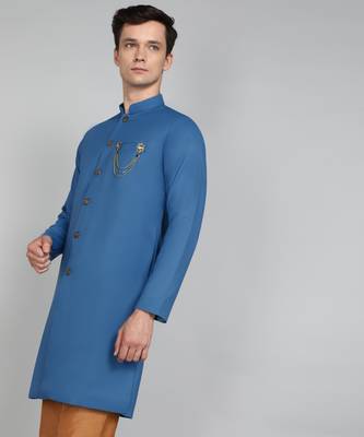 Solid Peacock Blue Cotton Blend Nawabi With Paijama 3