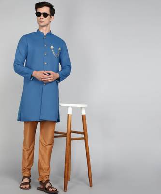 Solid Peacock Blue Cotton Blend Nawabi With Paijama 1